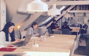 Modern workspace in Grote Hondstraat 44, Antwerp Zurenborg with large wooden tables, overhead lamps, and people working on laptops.