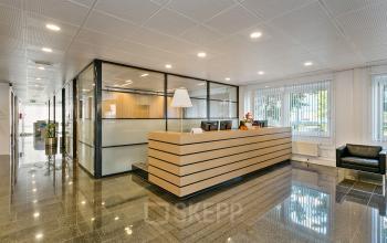 Reception area in office building at Linie 580-596, Apeldoorn, with modern furnishings and natural light.