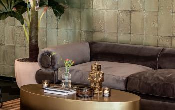 A stylish office lounge with a plush sofa, coffee table, decorative plant, and abstract artwork, located at Lange Amerikaweg 55-61, Apeldoorn. Ideal for office space rental.