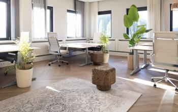 Bright, furnished office space with chairs, desks, and plants at Schumanpark 9, ideal for office space rental in Apeldoorn.