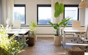 Furnished office space in Apeldoorn at Schumanpark 9 with two workstations, large windows, and indoor plants, available for office space rental.