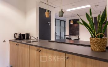 Modern pantry area with wooden cabinets, a sink, and plants at office located at Roggestraat 111, Apeldoorn, available for office space rental.