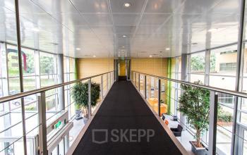 Spacious and well-lit corridor in Meander 251 office space rental in Arnhem IJsseloord, featuring modern furnishings and green plants.