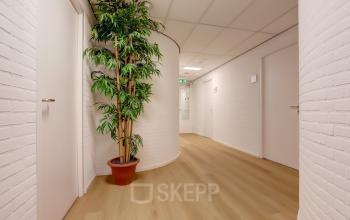 Interior hallway of office space for rent at Bruningweg 23, Arnhem IJsseloord, featuring minimalist design with light wood flooring, white brick walls, and potted plant decor.
