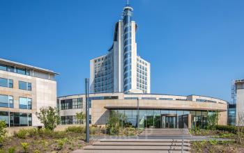 Exterior of the modern office building located at Rijksweg-West 2, Arnhem Zuid, Arnhem, featuring sleek architecture and landscaped surroundings, ideal for office space rental.