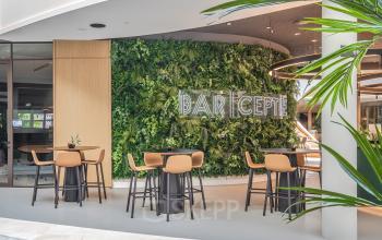 Modern reception area at Rijksweg-West 2, Arnhem Zuid, Arnhem, featuring a green wall and stylish seating for office space rental.