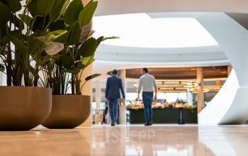 Modern office interior at Rijksweg-West 2, Arnhem Zuid, featuring spacious reception area with large planters and two people discussing business.