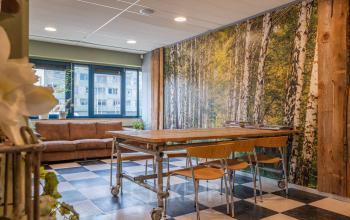 Inviting office lounge space at Overcingellaan 17, Assen, featuring a rustic wooden table, chairs, and a nature-themed mural. Ideal for meetings and collaborative work. Perfect office space rental opportunity.