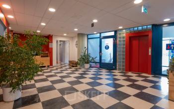 Bright office interior at Overcingellaan 17 in Assen, featuring a welcoming reception area with checkered flooring and potted plants. Ideal setting for office space rental.
