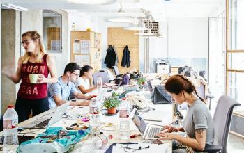 A bright workspace in Barcelona Gràcia with people collaborating at shared desks, ideal for office space rental. Laptops and plants adorn the tables, creating a lively office environment.