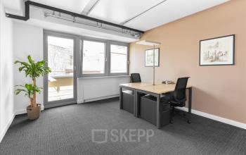 Büroraum mieten in der Inneren Margarethenstrasse 5, Basel Altstadt Kleinbasel, heller Arbeitsbereich mit Schreibtisch und Pflanze.