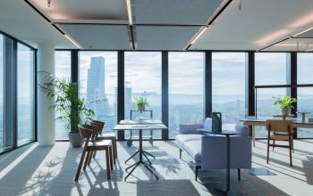 Moderner Büroraum mit Panoramablick und stilvoller Einrichtung in Basel Altstadt Kleinbasel, perfekt zum Büro mieten.