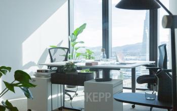 Helles Büro mit Blick auf die Stadt im Messeplatz 10, Basel Altstadt Kleinbasel. Moderne Ausstattung mit Schreibtischen, Stühlen und Pflanzen. Ideal für Bürofläche mieten.