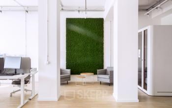 Innenansicht eines modernen Büros in Berlin Mitte, Neue Grünstraße 17, mit einer grünen Wand, Schreibtischen und Lounge-Möbeln, ideal zum Büro mieten.