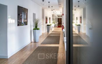 Moderner, heller Gang im Bürogebäude an der Französische Str. 12 in Berlin Mitte mit Holzboden und Pflanzen. Bürofläche mieten in professioneller Umgebung.