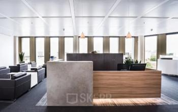 Moderne, gut beleuchtete Empfangshalle eines Büros in der Rahel-Hirsch-Straße 10, Berlin Moabit, mit stilvollem Mobiliar und professioneller Atmosphäre.