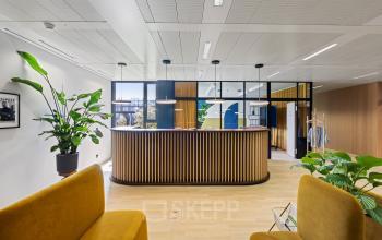 Moderner Büroraum an der Weltpoststrasse 5, Bern, mit stilvollen gelben Sofas und großen Pflanzen; ideal, um Bürofläche zu mieten.