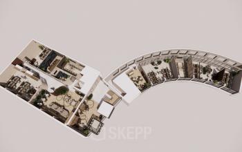 An architectural 3D layout of office space with designated work areas, meeting rooms, and open spaces, ideal for office space rental at De Maas 8, Best.