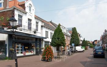Street view of the exterior of office to rent at Zomerzorgerlaan 50, Bloemendaal, featuring classic brick buildings and a tree-lined pavement.