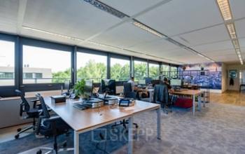 Spacious office with large windows at Westboek 36-66, Breda Noord-West, featuring modern furniture and multiple desks, ideal for office space rental. Bright and functional workspace with greenery outside.