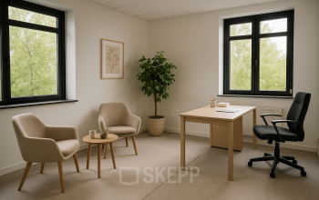 Bright office space at Druivenstraat 25-31 in Breda Oost, featuring a desk, chairs, and a plant, ideal for office space rental.