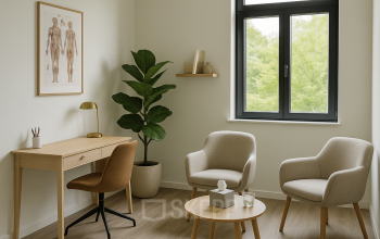 Bright office for rent at Druivenstraat 25-31 in Breda Oost, featuring inviting seating, a wooden desk, and large window with a view.