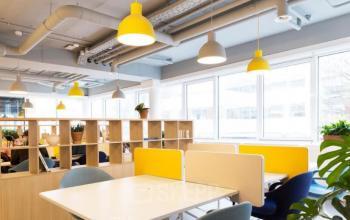 Bright and modern office space with yellow accents and large windows at Pegasuslaan 5. Ideal for businesses looking to rent office space for collaborative work in Brussels Airport.