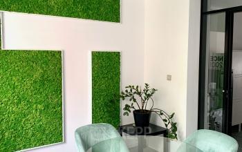 Kantoorruimte te huur op Rue d’Arlon 25, Brussel Europese Wijk. Moderne, lichte ruimte met glazen tafel en zachte stoelen, voorzien van groene muurpanelen.