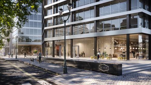 Modern office building exterior with large glass windows on Avenue Louise, Brussels European District. People engage in casual meetings at the entrance café. Ideal for office space rental.