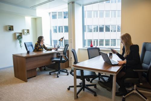 Professionals engaged in work at a bright, furnished office space in Brussels European District. Ideal for those considering office space rental at Robert Schumanplein 2-4.