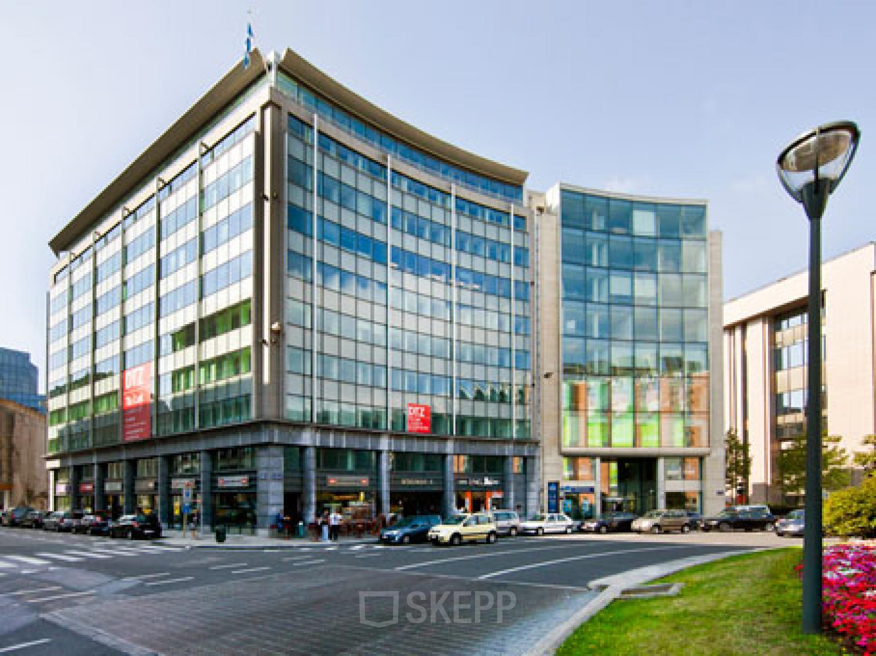 Exterior view of the office building at Robert Schumanplein 2-4, Brussels European District, available for office space rental.