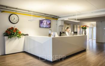 Professional reception area at Kanaalweg 33 in Capelle aan den IJssel, with a friendly staff member facilitating office space rental services.