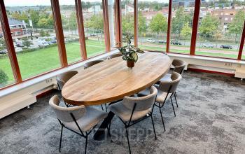 Office space at Fascinatio Boulevard 562 features a large table surrounded by chairs and a plant centerpiece, with a view of the cityscape visible through expansive windows.