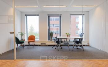 Furnished office space with desks, chairs, and plants at Fascinatio Boulevard 562 in Capelle aan den IJssel, available for rent. Large windows offer natural light.