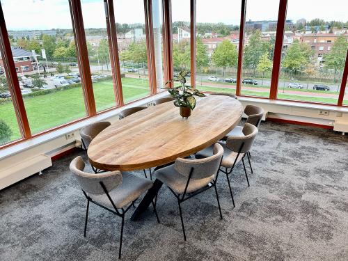 Office space at Fascinatio Boulevard 562 features a large table surrounded by chairs and a plant centerpiece, with a view of the cityscape visible through expansive windows.