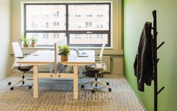 Bright office space with two desks and chairs, plants, and a large window at Rietbaan 40-42 in Capelle aan den IJssel, ideal for office space rental.
