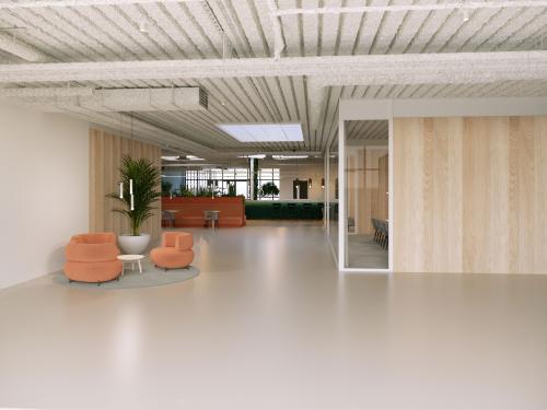 Modern office interior at Essebaan 63-69, Capelle aan den IJssel, featuring open floorplan with stylish seating area and conference room. Ideal for office space rental with contemporary design elements.