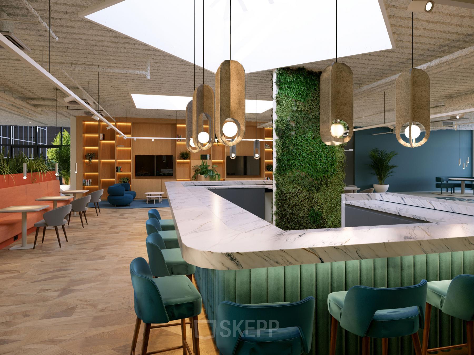Modern office space rental at Essebaan 63-69, Capelle aan den IJssel features stylish furnishings, vibrant seating, and natural light creating an inviting, productive environment.