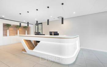 Modern reception area at Willemsplein 2, Den Bosch, perfect for office space rental. The sleek design includes a large desk, minimal decor, and multiple pendant lights.