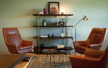 Comfortable office space rental at Bruistensingel 400, Den Bosch, featuring stylish armchairs and well-organized shelves.