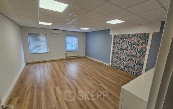 Spacious office at Hambakenwetering 18, Den Bosch with wooden flooring and decorative wall feature, ideal for office space rental.