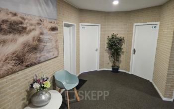 Interior of the office at Hambakenwetering 18, Den Bosch, featuring a carpeted area with a table, chair, and decorative plant, ideal for office space rental.