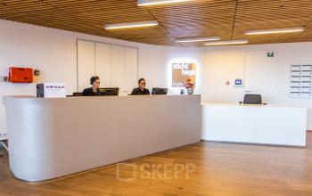 Reception area at Koningin Julianaplein 10, in The Hague Center, with two people working at the front desk in a modern office environment, ideal for office space rental.