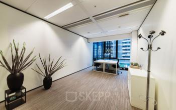 Furnished office space for rent at Anna van Buerenplein 41, The Hague Center, featuring a long wooden desk, chairs, and decorative plants, with a city view through large windows.