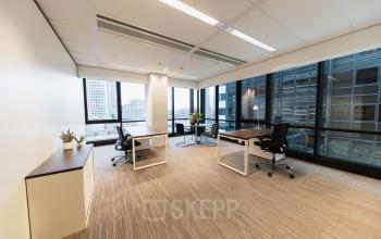Bright and modern office space with large windows, two desks, and plants at Anna van Buerenplein 41, ideal for those seeking office space rental in The Hague Center.