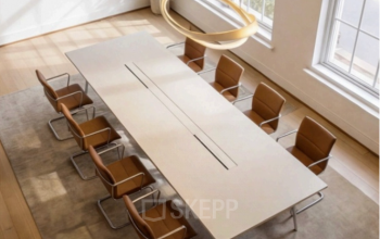 Bright office space with a long conference table and chairs, large windows providing natural light, ideal for office space rental at Mauritskade 9, The Hague Center.