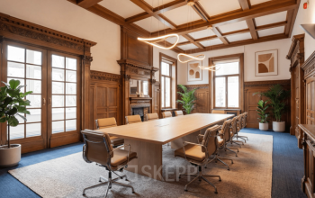 Elegant office space at Mauritskade 9, The Hague Center, featuring a long table with modern chairs, wooden paneling, and large windows ideal for office space rental.