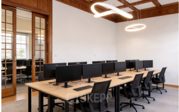 Modern office space with wooden accents and several desks equipped with monitors, located at Mauritskade 9, The Hague Center.