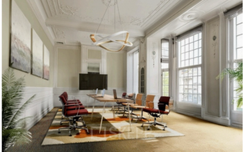 Elegant office to rent at Mauritskade 9, The Hague Center featuring modern decor, large windows, and a spacious conference setup.