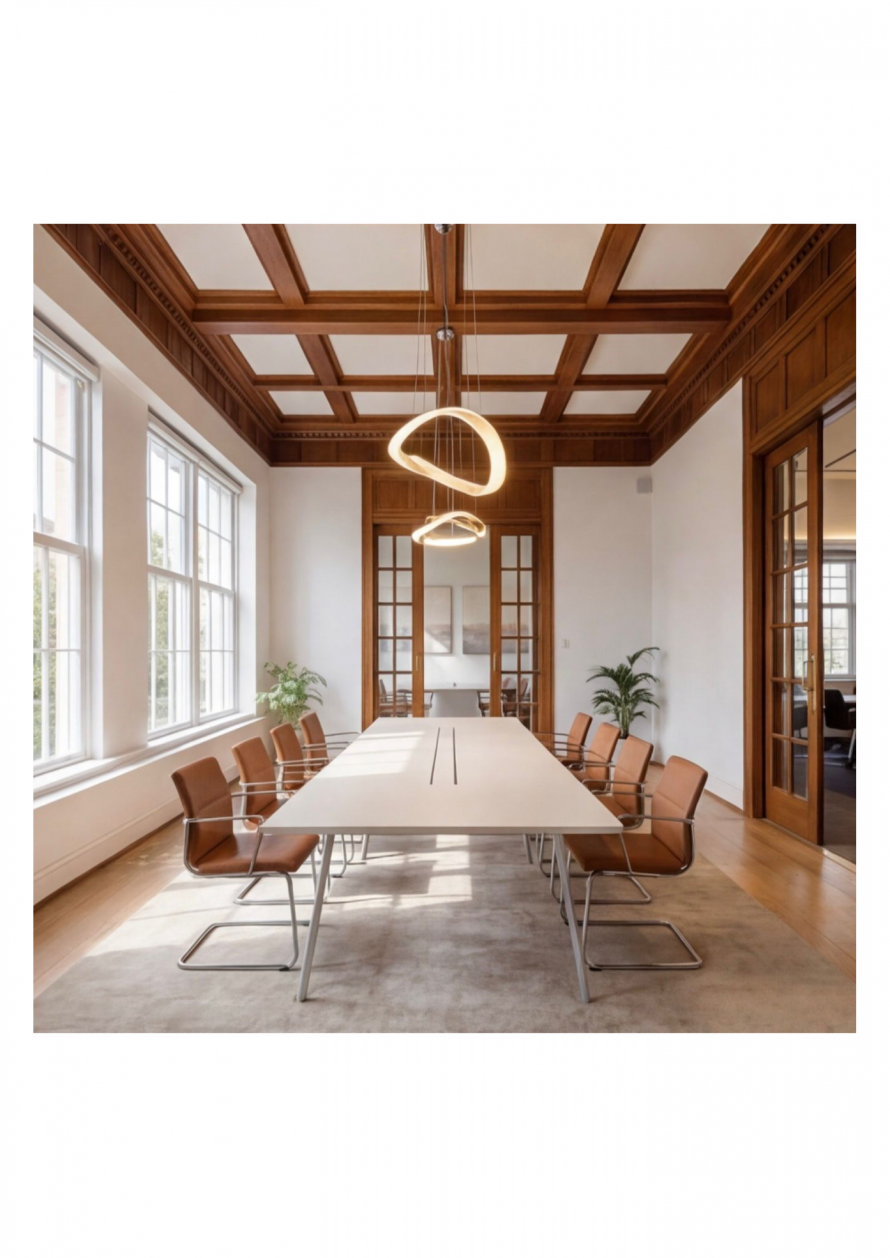 Sleek, furnished conference room at Mauritskade 9 in The Hague Center, ideal for office space rental with elegant lighting and natural light.